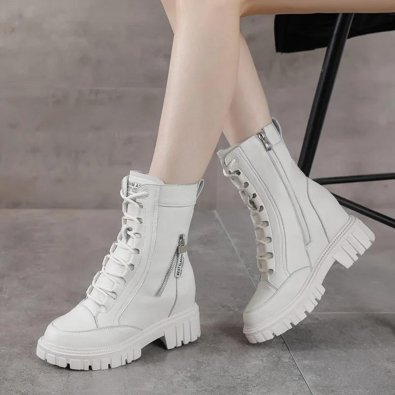 Neue Damen Leder Punk Stiefel Hohe Plattform Chunky Sneakers Herbst 9CM Keilabsatz Mid-Calf Stiefel Frau Winter Motorradstiefel