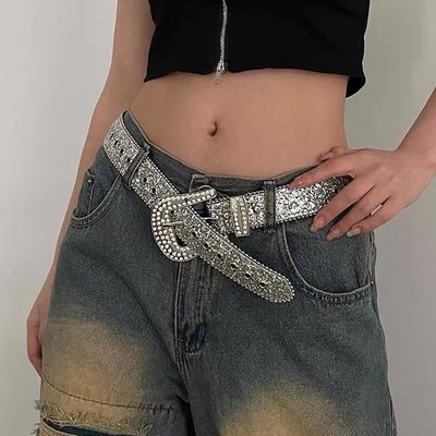 Y2K Damenmode Solid Print Nieten Voll Strass Gürtel Pu Leder Bling Kristall Verstellbar Glitzer Bund Für Club Party