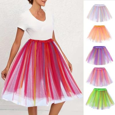 Women Tulle Dance Skirt Elastic Waist Rainbow Color Ballet Tutu Petticoat Colorful Short Rockabilly Underskirt