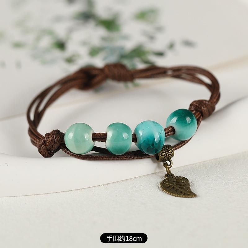 Retro ceramic flower woven bracelet niche literary hand rope small fresh bell bracelet female