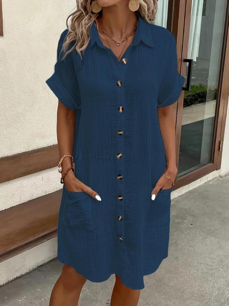 2024 Hot Seller: Summer V-Neck Button Cotton Linen Shirt Dress for Women