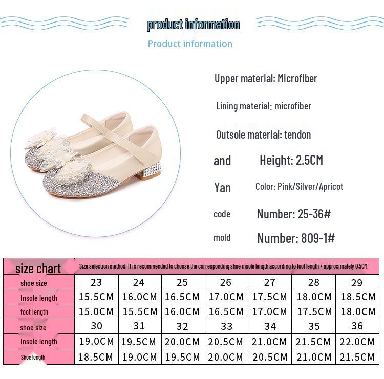 Summer 2025 Rhinestone Princess High Heels for Girls - Leather Shoes for Kids, Available in Small, Medium, Large Sizes