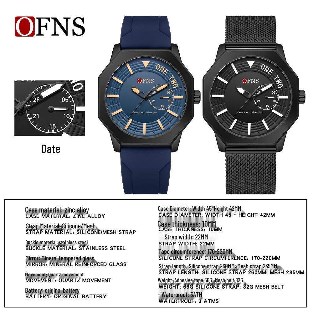 OFNS Octagonal Men's Quartz Wristwatch: Simple Bar Index, Date Display, Waterproof, Business Style, Douyin Inspired.