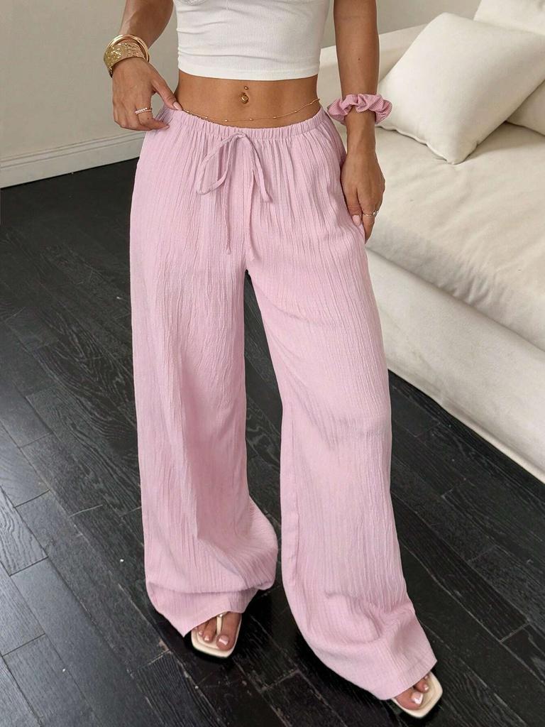 Pantaloni Larghi a Vita Media da Donna Pantaloni a Vestibilità Ampia Casual con Coulisse Intrecciati Estivi Lunghi per l'Uso Quotidiano