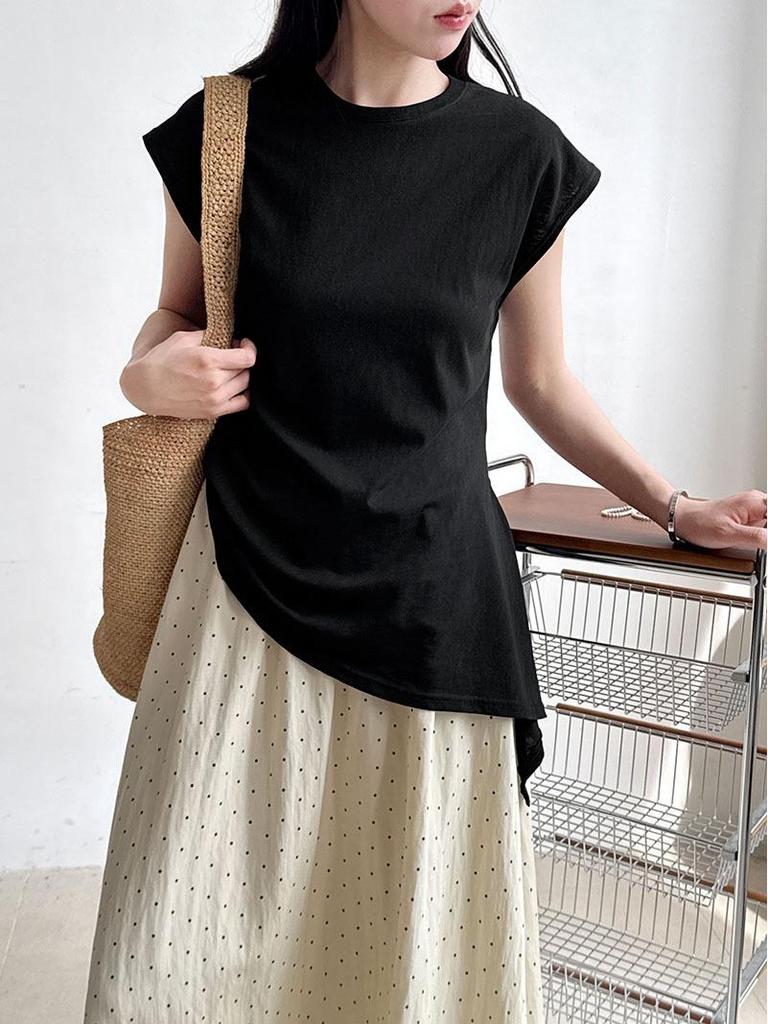 LUXI Koreanisches Schlank geschnittenes Kurzarm-T-Shirt mit Schnürung und unregelmäßigem Saum für Damen
