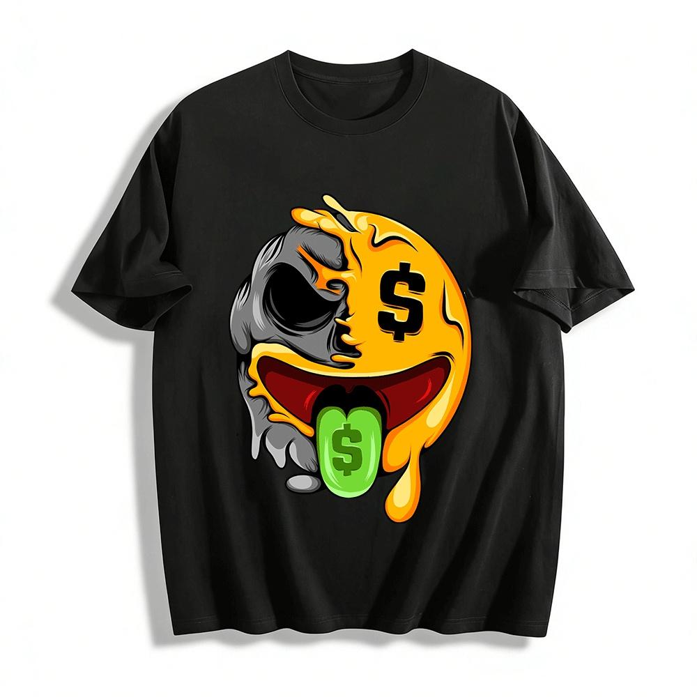 Money Obsessed Half Skull Melting Smiley Face Graphic Tee Pure cotton T-shirt XXS