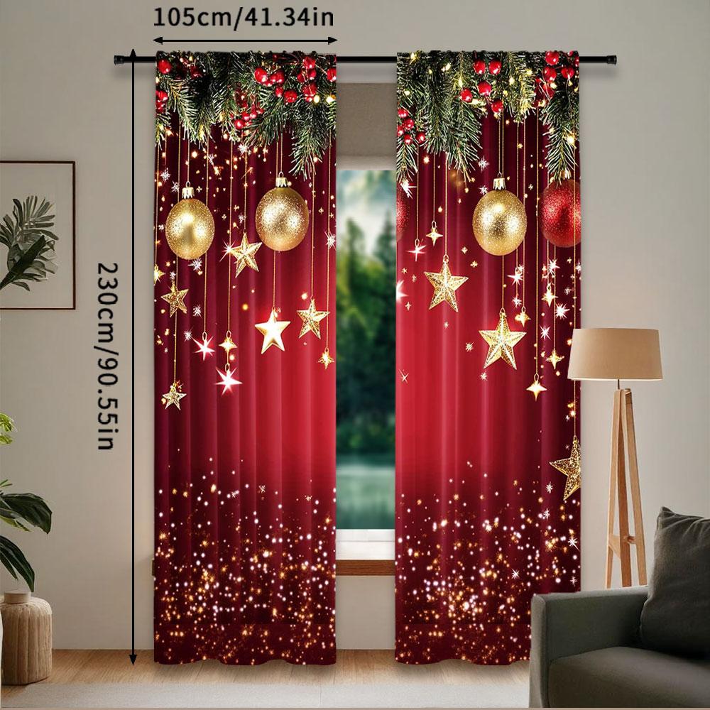 Set Of 2 Christmas Curtain Red Sparkling Stars Backdrop New Year Eve Party Xmas Holiday Decorations Curtains Made Polyester