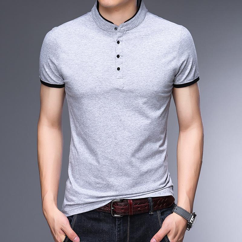 2025 Men's Slim-Fit Stand-Up Collar T-Shirt: Casual, Solid Color, Short-Sleeve, Versatile Cotton for Summer