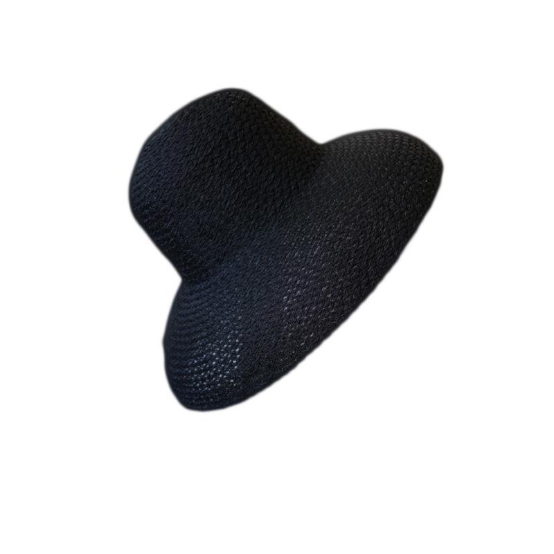 French Elegant Retro Black Foldable Big Brim Bell Basin Hat Women'S Summer Shade Holiday Beach Big Straw Hat