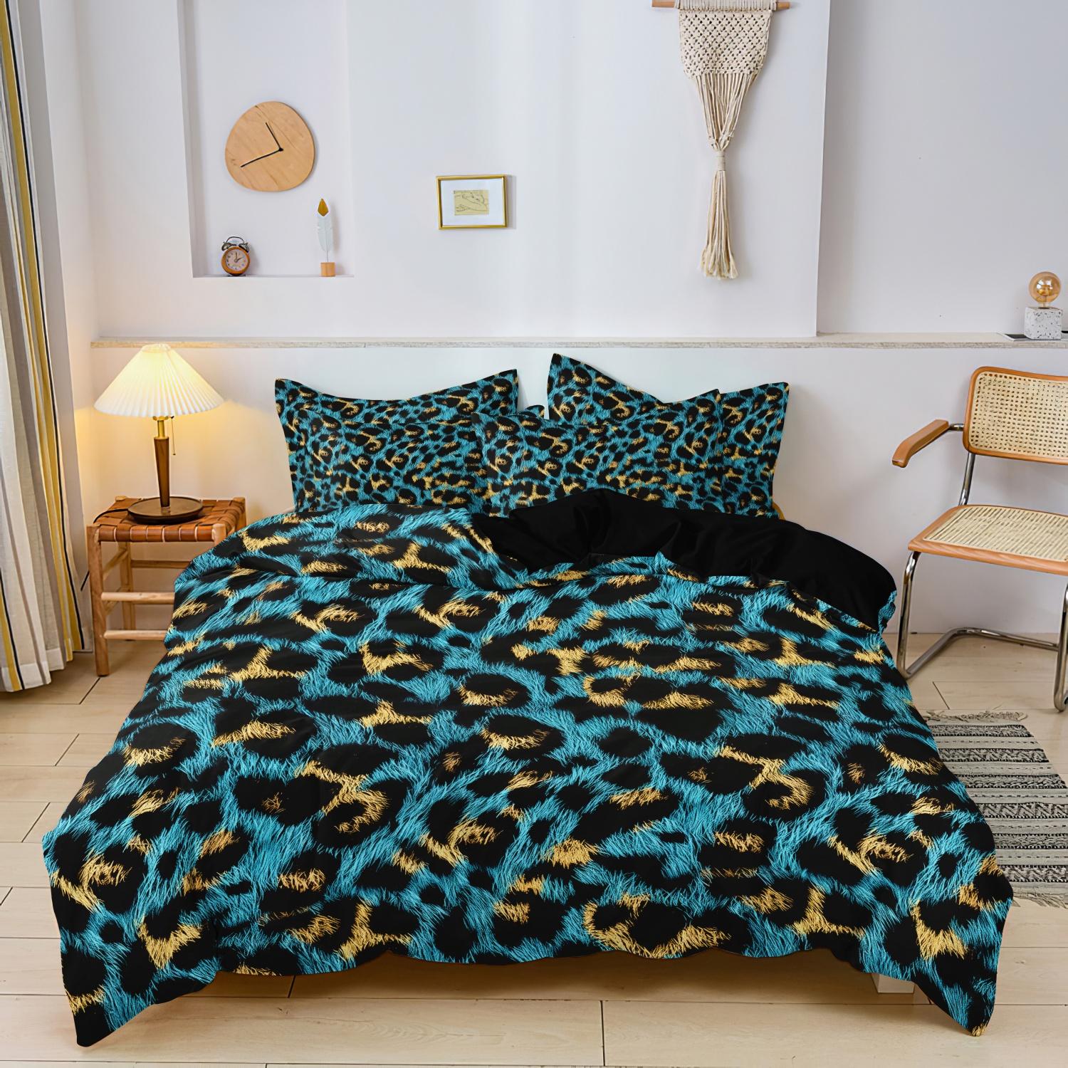 3pcs Blue Leopard Print Duvet Cover Set Friendly Breathable Bedding, Four Seasons Home Dormitory High-Definition Print, -135x200cm&set