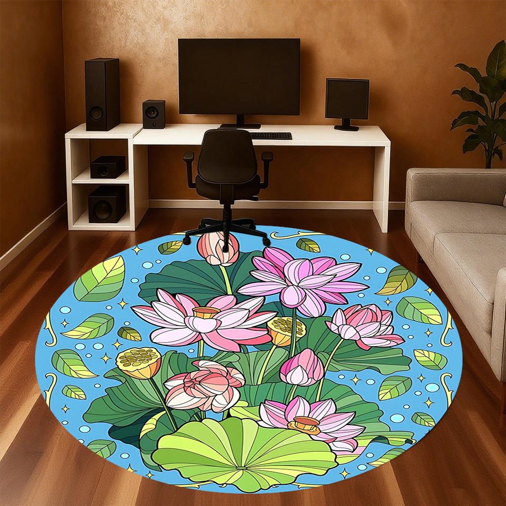 1pc Lotus Flower Leaves Round Chair Mat Office Area Rug - Non-Slip, Floor Mat for Office, Bedroom, and Indoor Decor P127102