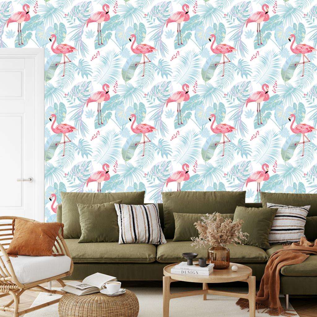 Flamingos and exotic leaves wallpaper in pastel 50x1000