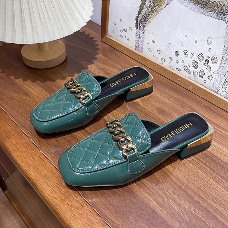 

Шлепанцы на толстом каблуке женские 2025 весна и лето новая мода женская обувь на низком каблуке с мелким вырезом шлепанцы с закрытым носком женские 40 зелёный