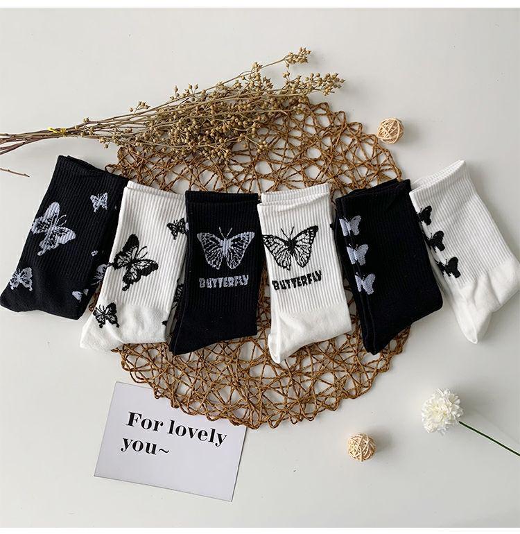 Butterfly Women's Spring Mid-Calf Black & White Scrunched Socks - Trendy Street Sport Style
