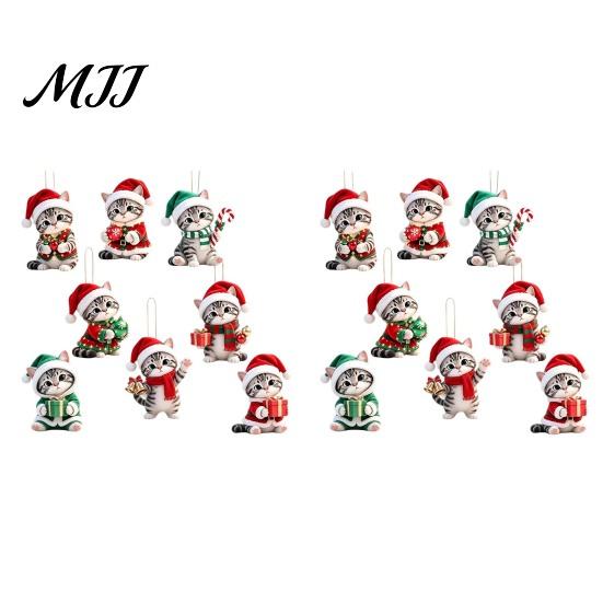 Cute Kitten Xmas Decor Christmas Ornament for Tree Hanging, 2D Flat Wooden Festive Gift Tags Decorative Pendant with Lanyard Home Holiday Party