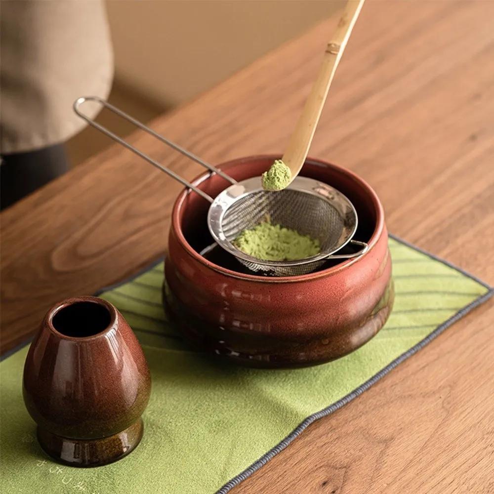 4PCS Ceramic Bamboo Japanese Matcha Tea Set Matcha Bowl Matcha Whisk Holder Matcha Making Kit Reusable Whisk Teaspoon Tea Sets