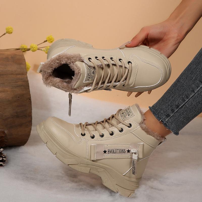 New Large-sized Casual Fleece Cotton Shoes and Women's Versatile Lace-up Casual Fleece Snow Boots