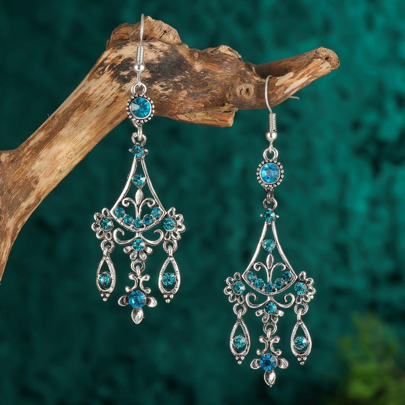 Bohemian Ethnisch Lang Blau Acryl Kristall Wassertropfen Ohrringe für Damen Retro Temperament Geometrisch Hängende Ohrringe Schmuck