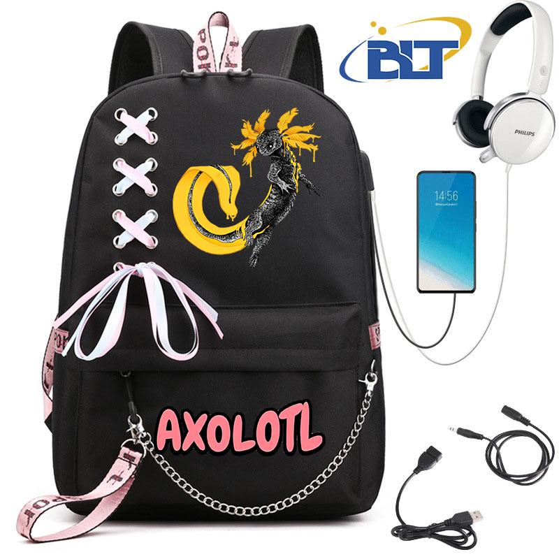 Cute Axolotl Printed Student Schoolbag for Girls Black Backpack Usb Kids Casual Bag Back To School Gift