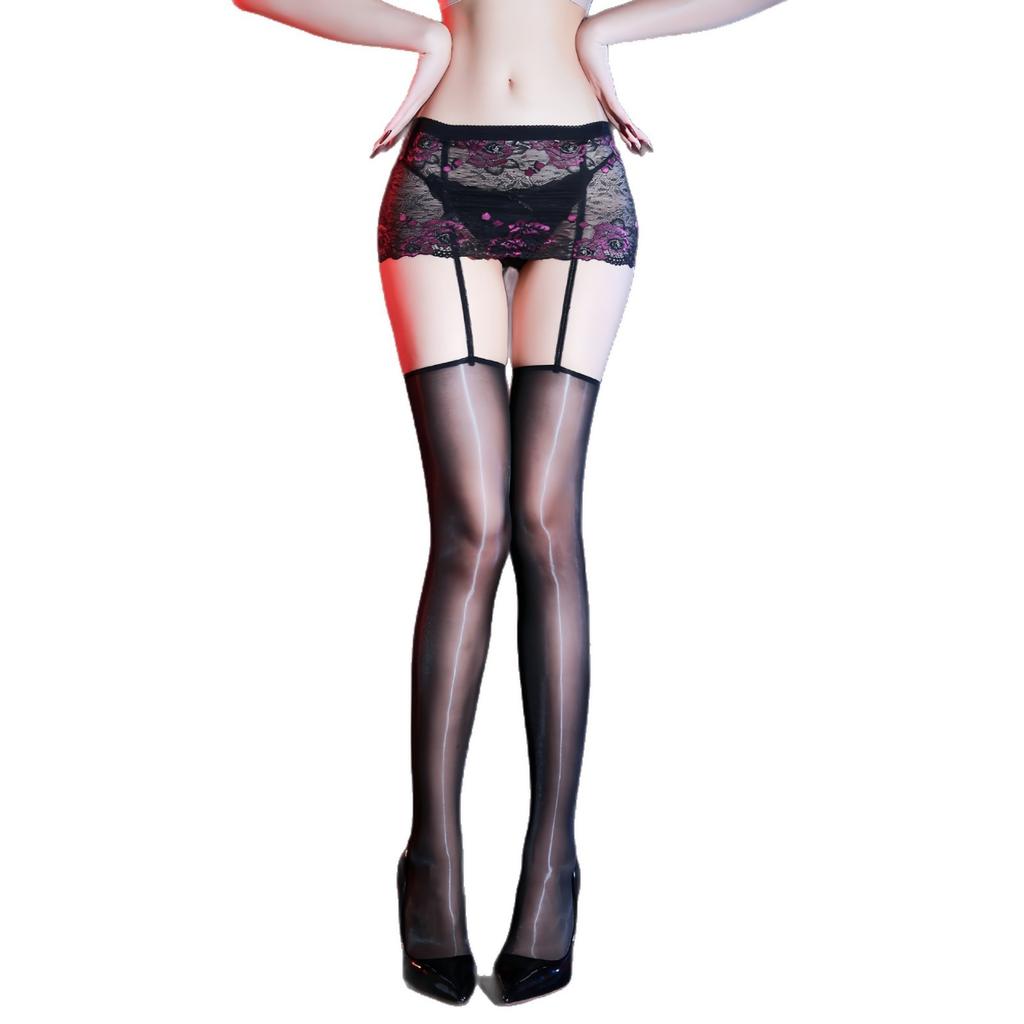 Sexy Transparent Lace Hip Skirt One-Piece Suspender Stockings Ultra-Thin, Oily, Shiny And Silky, Tempting Bed Sex Black Silk