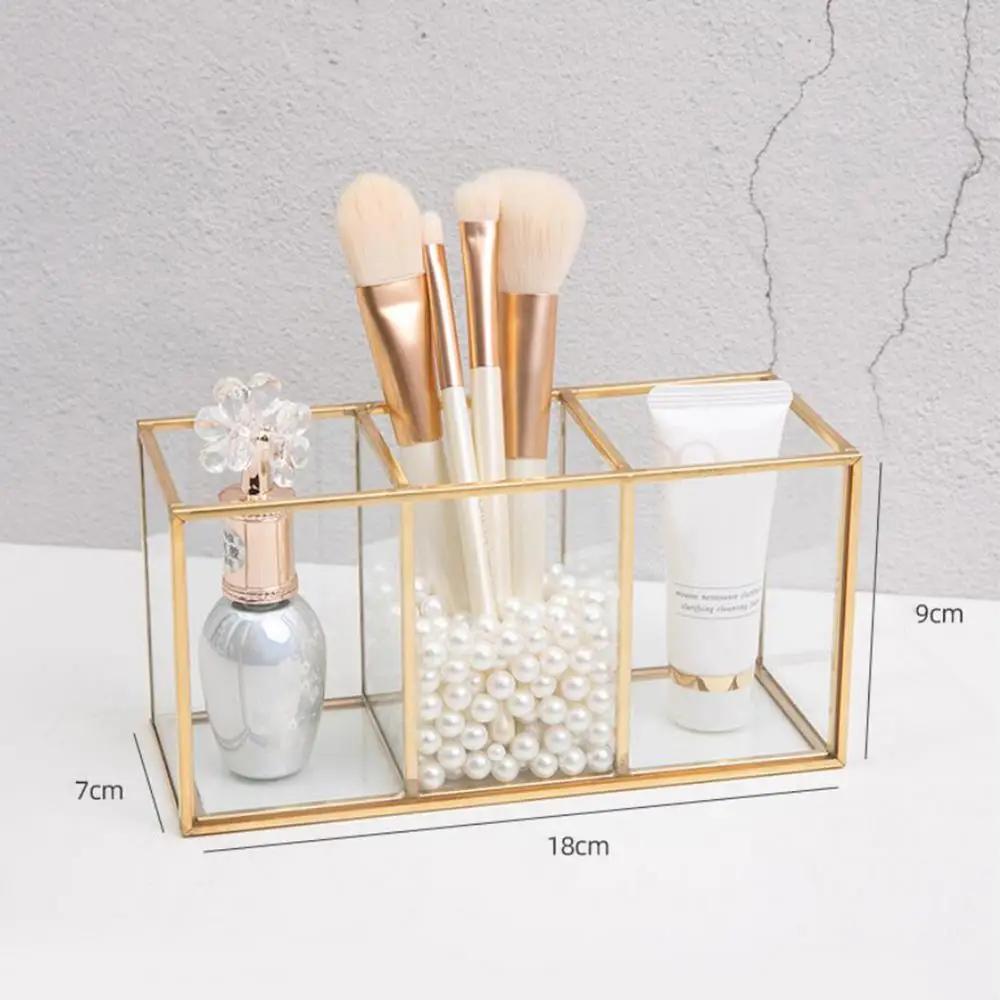 Gennemsigtig Glas Make-up Pensel Opbevaringsboks Guld Kosmetik Beholder Ring Blyant Læbestift Holder Make Up Pensler Organizer