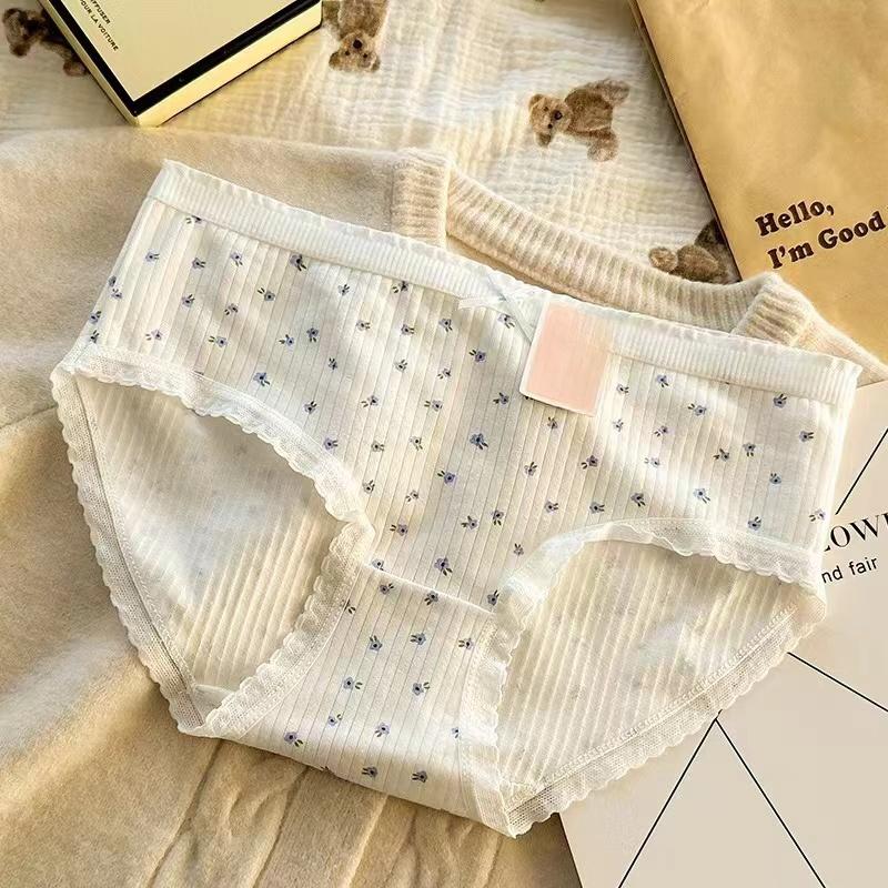 Damen Baumwollunterwäsche Sexy Spitze Slips Mädchen Blumenfaden Slips Mittelhoch Nahtlose Unterhosen Damen Lingerie