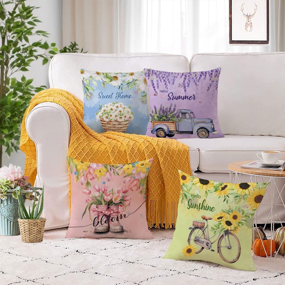 Spring Summer Pillow Covers Set Of 4 Floral Throw Pillow Covers Hello Sunshine Flower Cushion Covers Square Soft Pillow Cases