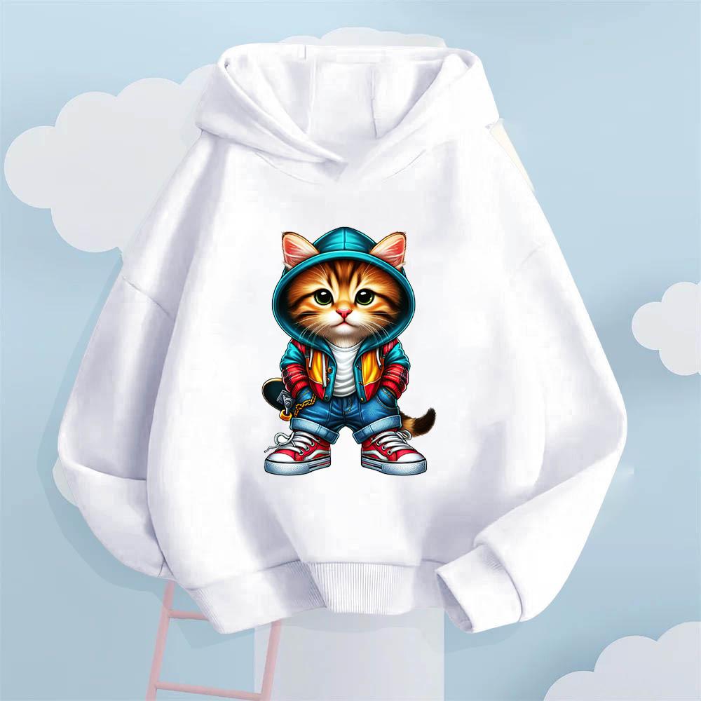 2025 Autumn/Winter Cool Skateboarding Cat Printed Children's Hoodie, Girls' Fashion Versatile Sportswear