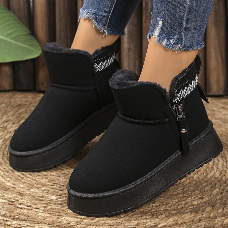 Classic Embroidery Faux Fur Ankle Boots Women Winter Side Zipper Platform Warm Snow Boots Woman Round Toe Non Slip Botas Mujer