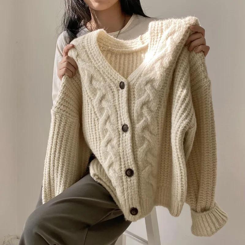 Autumn Winter Warm Long Sleeve Knitted Cardigan Women V-neck Loose Sweater Autumn Elegant Solid Color Casual Knitted Top