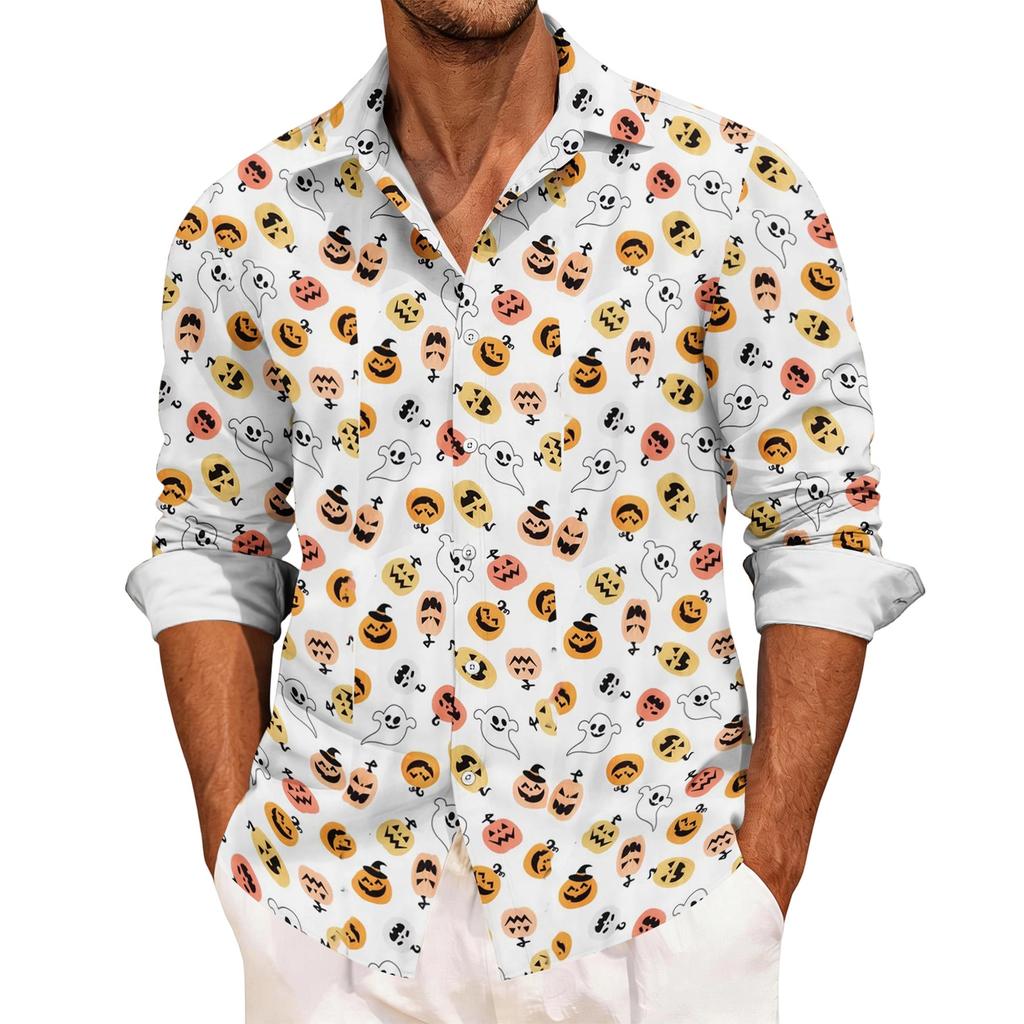 Men's Casual Long Sleeve Shirt with Halloween Print Relaxed Fit Button Down Top for Everyday and Festive Occasions