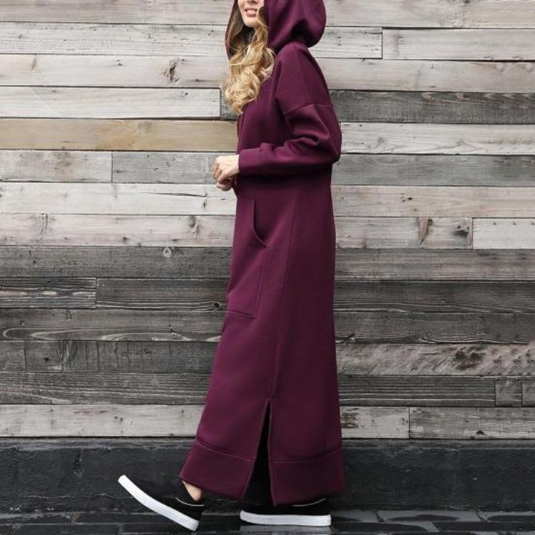 Women Sweatshirt Dress Hooded Solid Color Long Sleeve Front Drawstring Autumn Winter