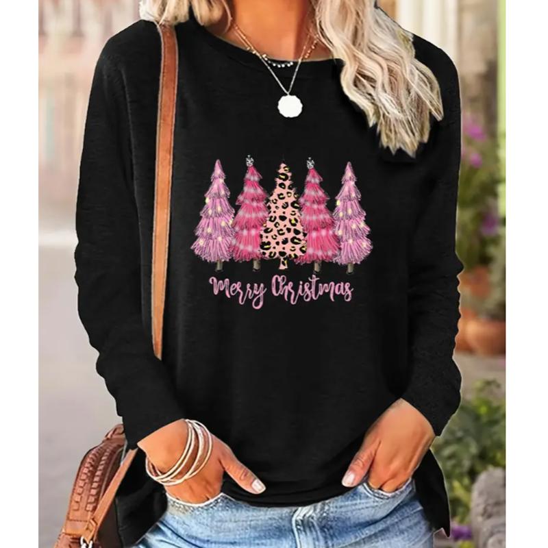 

2025 Autumn & Winter Women s New Casual Crew Neck Long Sleeve Top 3D Tree Pattern XS чёрный