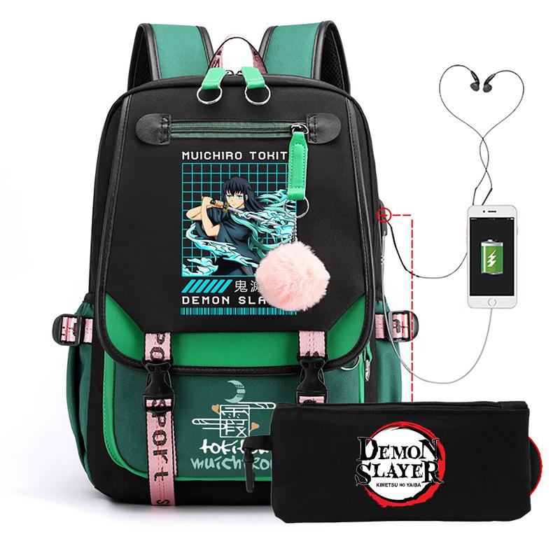 Two-dimensional peripheral day man ghost extinguishing backpack pencil bag large capacity student leisure schoolbag with USB port