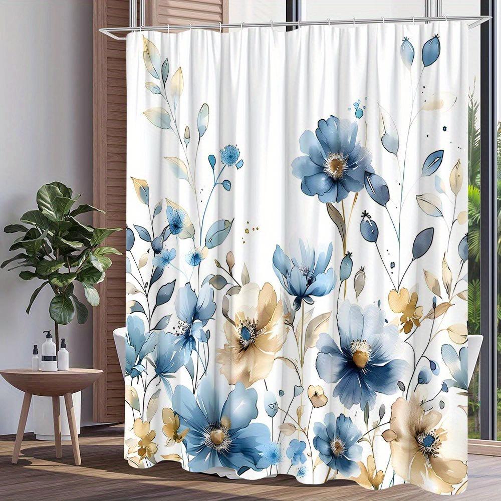 1pc Elegant floral shower curtain, watercolor blue and beige flowers, soft gradient design, polyester fabric, with hooks