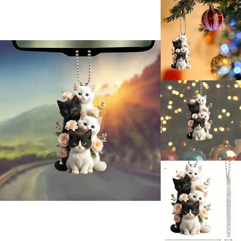 Charming 2d Acrylic Cream Cat Hanging Ornament For Car Rearview Mirror Decor