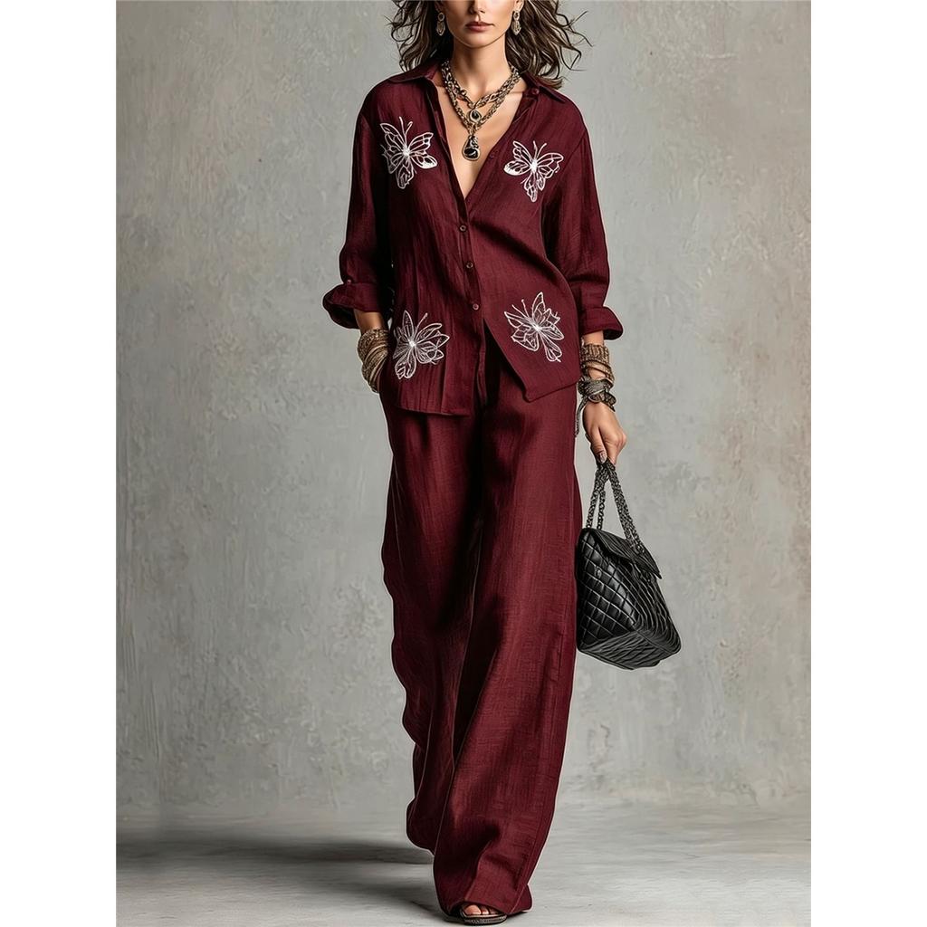 Women 2 Piece Outfit Butterfly Embroidery Lapel Shirt Wide Leg Pants Casual Loose Two‑Piece Set
