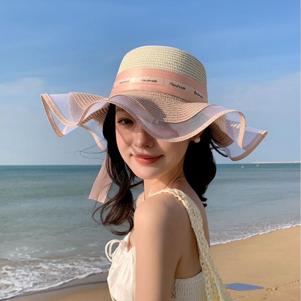 Bucket Hat Women'S Versatile Outdoor Leisure Beach Straw Hat Sun Protection Big Eaves Bow Shade Sun Hat