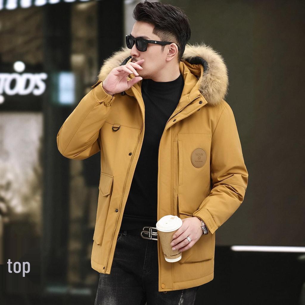 Men's 2025 Winter Hooded Down Jacket with Detachable Fur Collar, Thickened and Fashionable