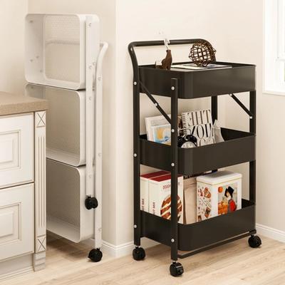 Folding Trolley Kitchen Storage Shelf Movable Floor Standing Shelf with Wheels Carbon Steel Shelves Snacks Toys Storage Trolley