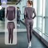 Damski dopasowany zestaw do jogi i biegania: Top z długim rękawem i spodnie, szybkoschnące, podkreślające sylwetkę, na jesień