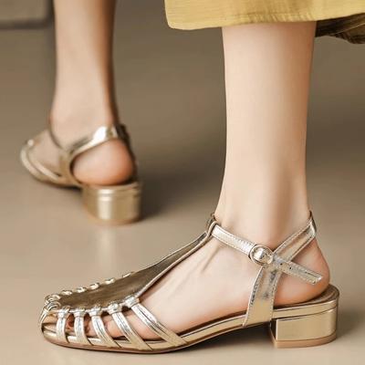 Fashion 2024 Summer Women's Sandals Silver Gold Luxury Leather Strap Woven Roman Sandals Fashion Ankle Buckle Wide Heels Women Sandals