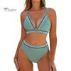 Women High Waisted Bikini Set Color Block Two Piece Swimsuit V Neck Crisscross Back Top Briefs Swimwear for Beach Vacation Pool