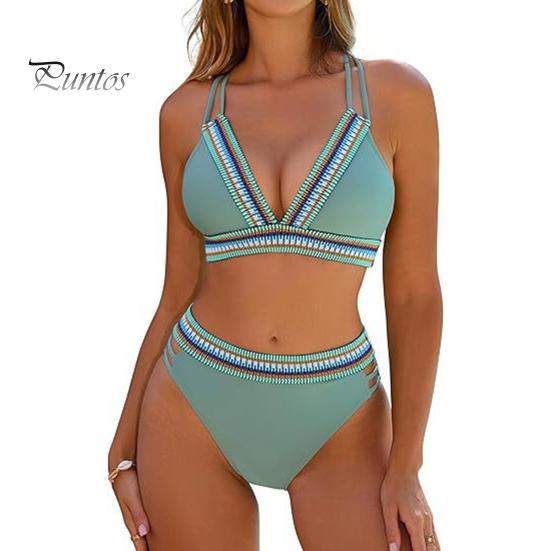 Women High Waisted Bikini Set Color Block Two Piece Swimsuit V Neck Crisscross Back Top Briefs Swimwear for Beach Vacation Pool