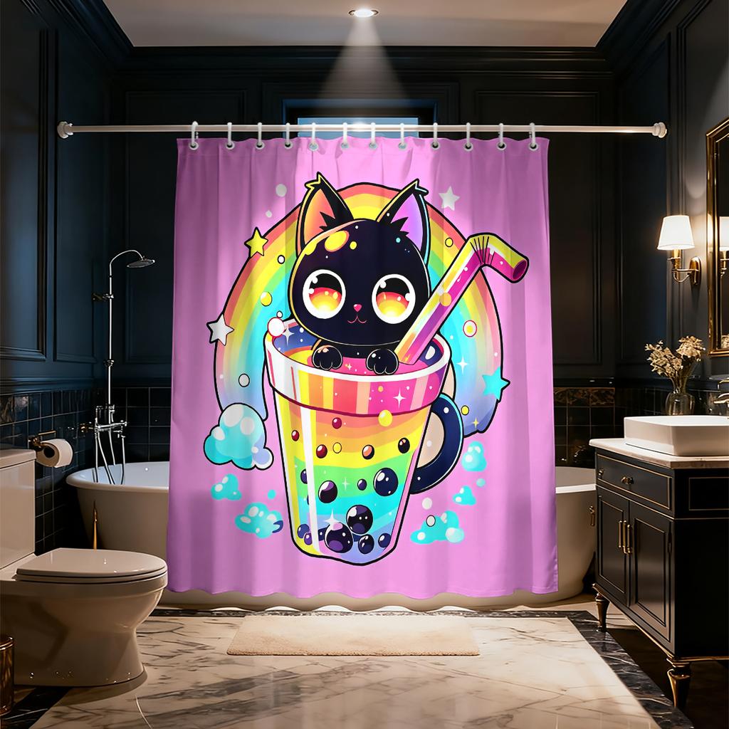 1PC Cartoon Black Cat Rainbow Boba Pearl Milk Tea Shower Curtain Waterproof Fabric Bathroom Partition Privacy Hanging Curtain
