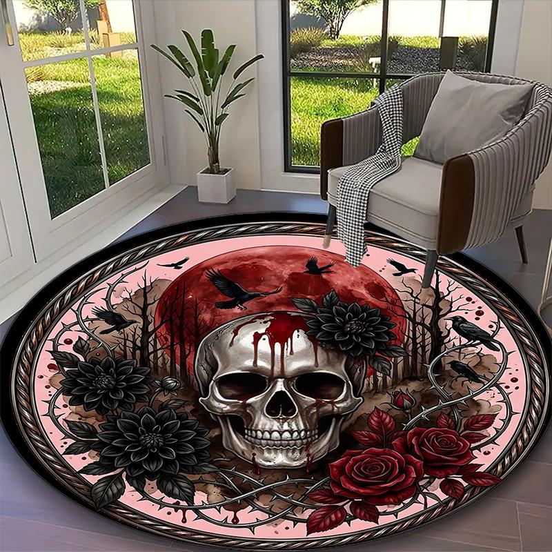 Gothic Rose Skull Rug Ideal for Reading Room, Multi-purpose Office Chair Sofa Carpet, Anti-slip Printed Home Round Rug