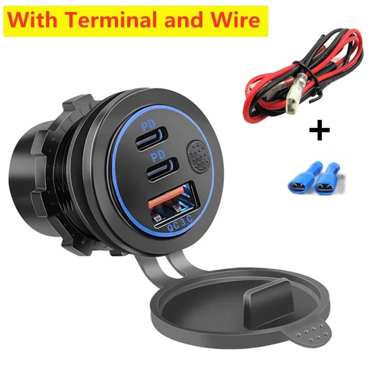 Dual PD & QC 3.0 3-Ports Quick Charge 112W Aperture Car Fast Charger Outlet Socket For 12V 24V Motorcycle Boat Marine Truck ATV
