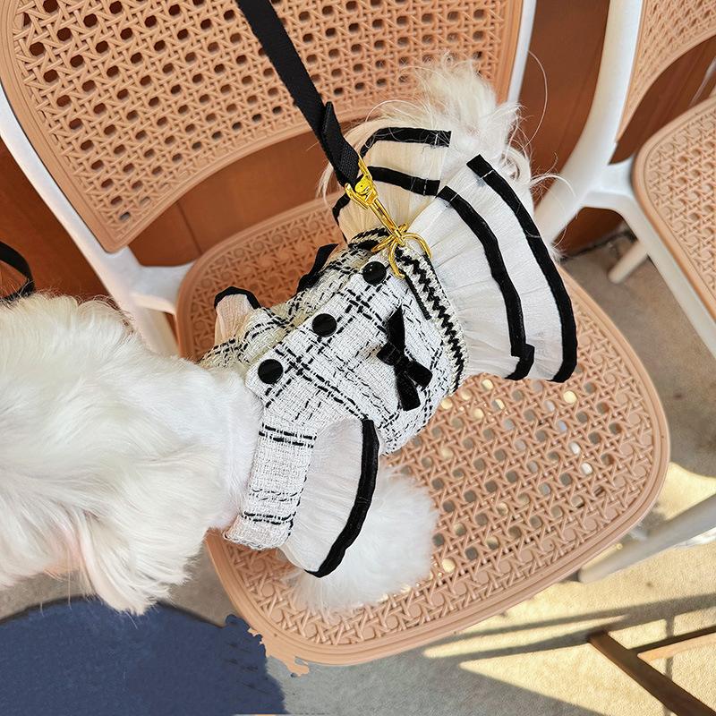 Spring Pet Checkered Strap Skirt Cute Dress Dog/Cat Clothing Style Traction Set with Traction Rope Dog Harness Puppy