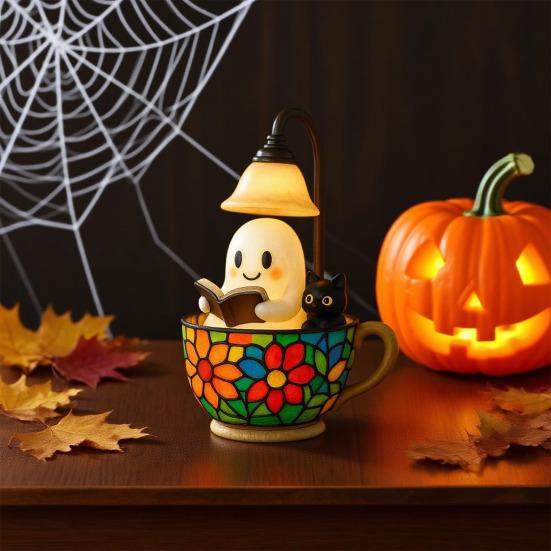 Lesen Geist Katze Nachtlicht Halloween Schwarze Katze Weißer Geist Tassenlampe Heim Schlafzimmer Kinderzimmer Dekoration Buchliebhaber Geschenk