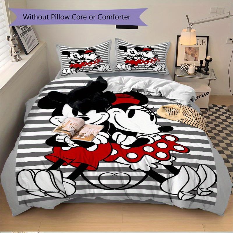 3pcs Gray Striped Minnie Mickey Bedding Set Includes 1 Quilt Cover and 2 Pillowcases, Comfortable Bedding S049